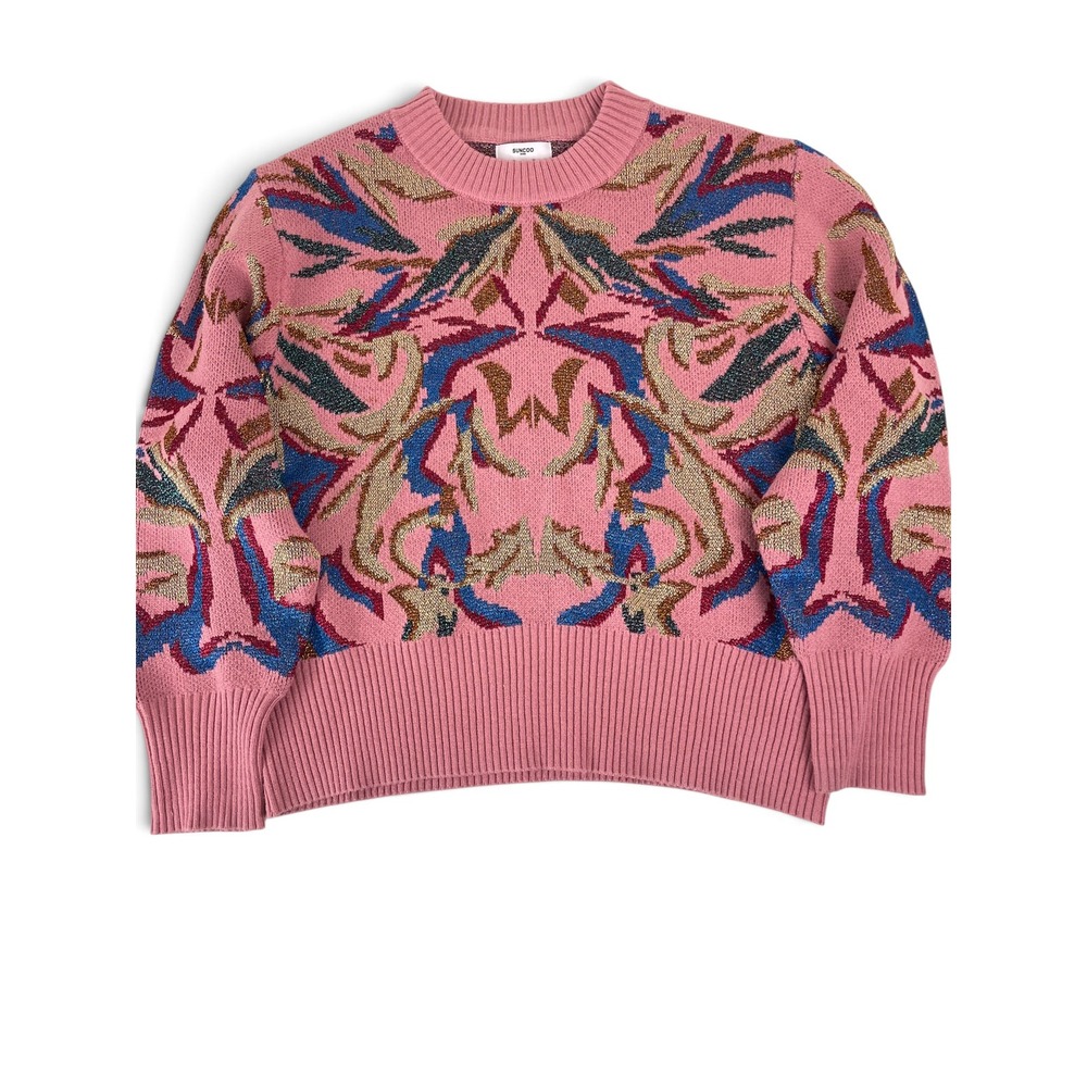 Suncoo Paris Pink Metallic Jacquard Knit Pullover Sweater T2 (M) Going Out Top